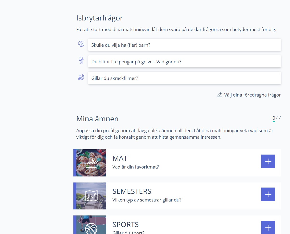 Singles50 isbrytarfrågor och ämnen