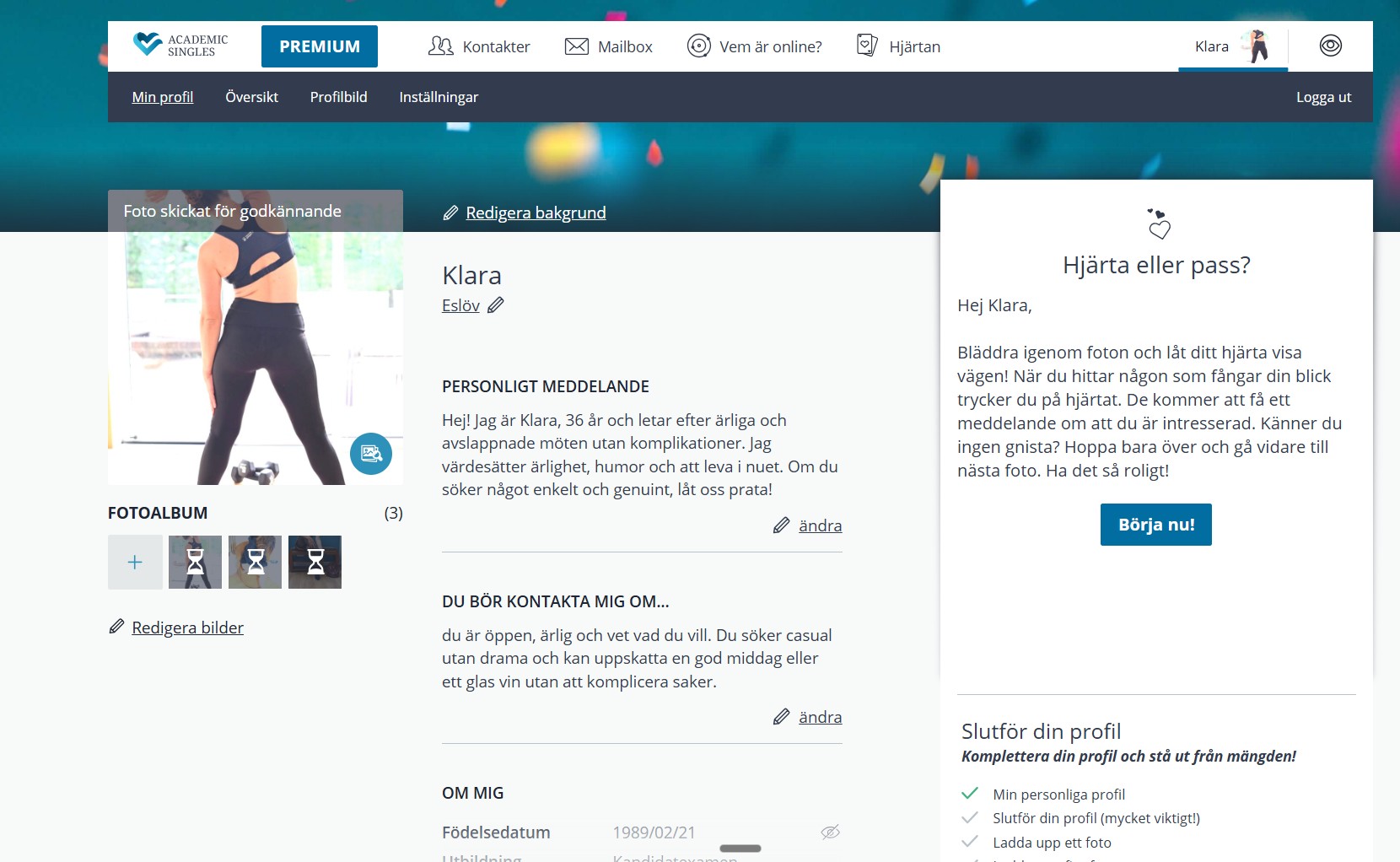 Academic Singles profil exempel 1