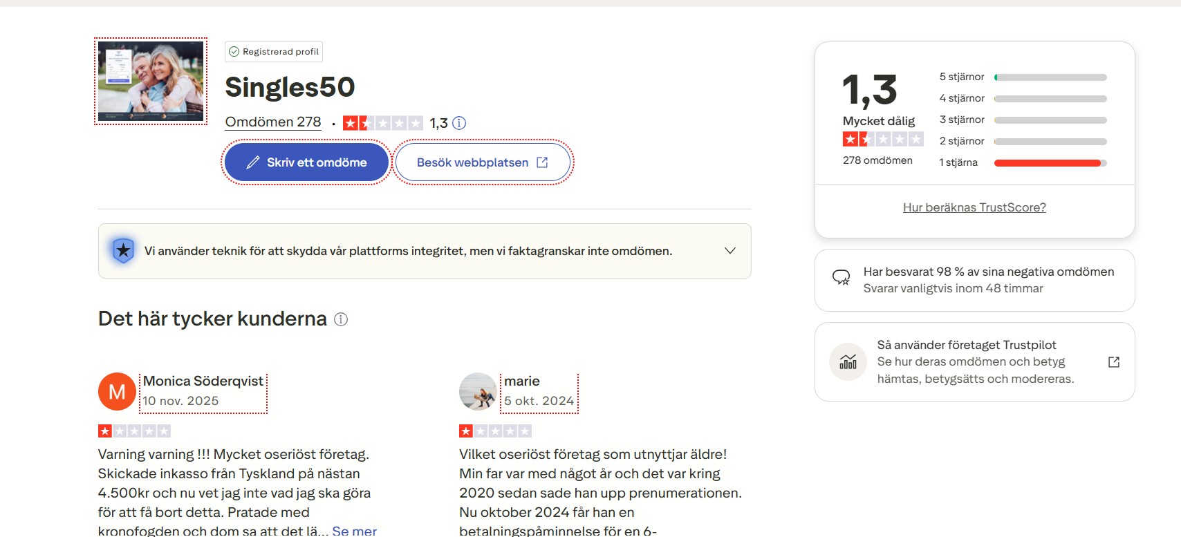 Singles50 Trustpilot recensioner Sverige