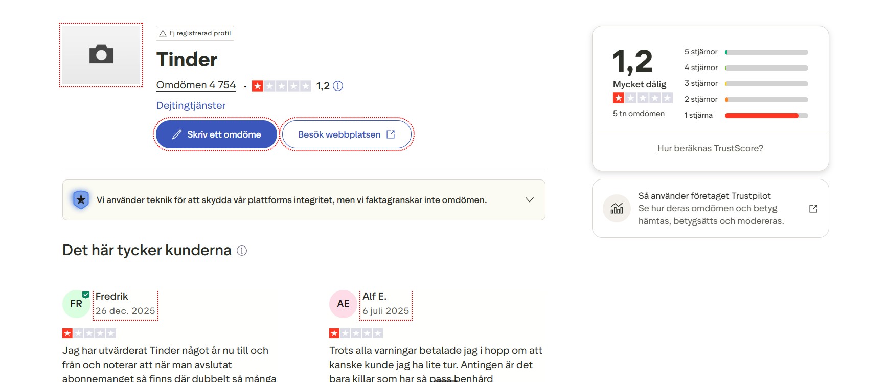 Tinder Trustpilot recensioner