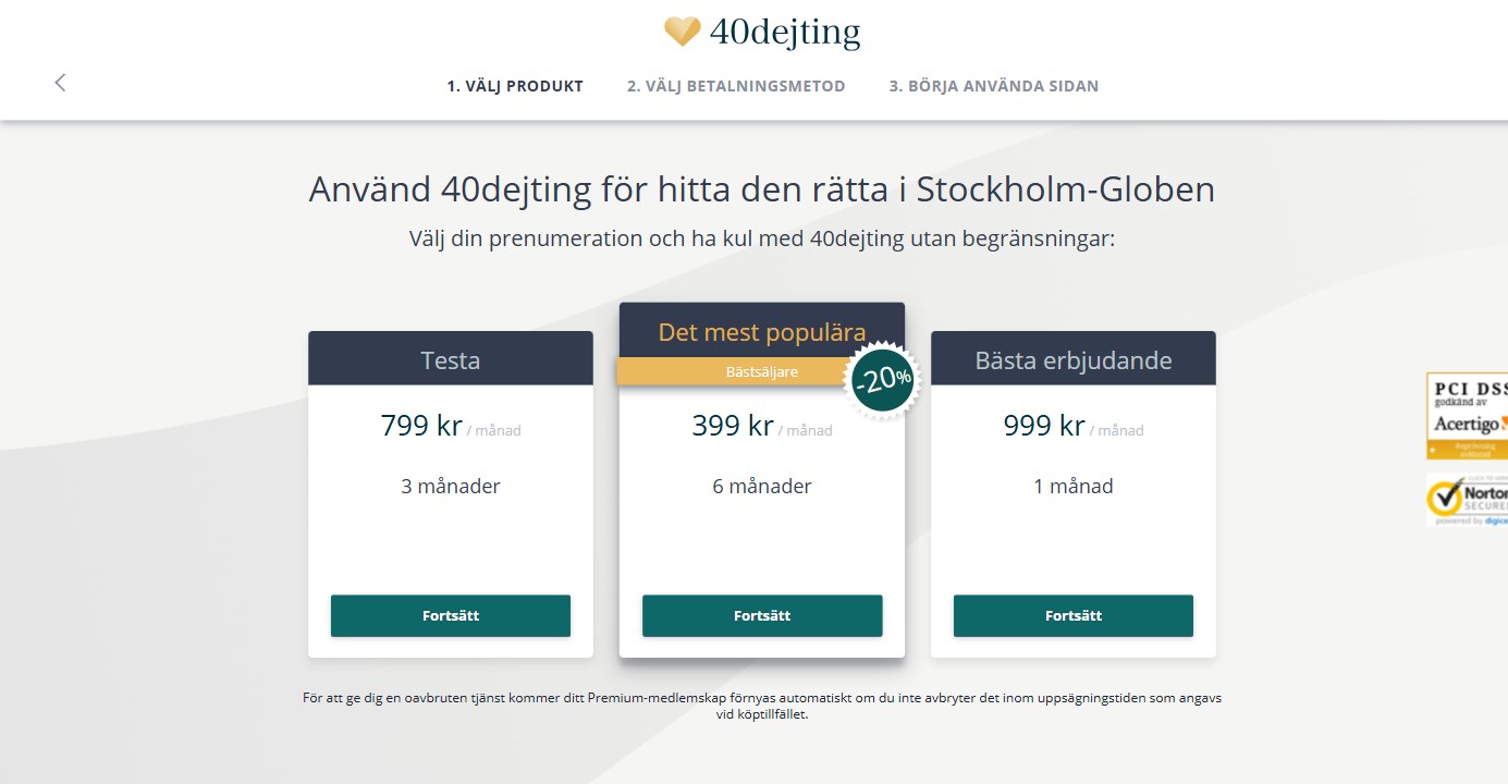 40dejting Premium priser i Sverige på beställningssidan