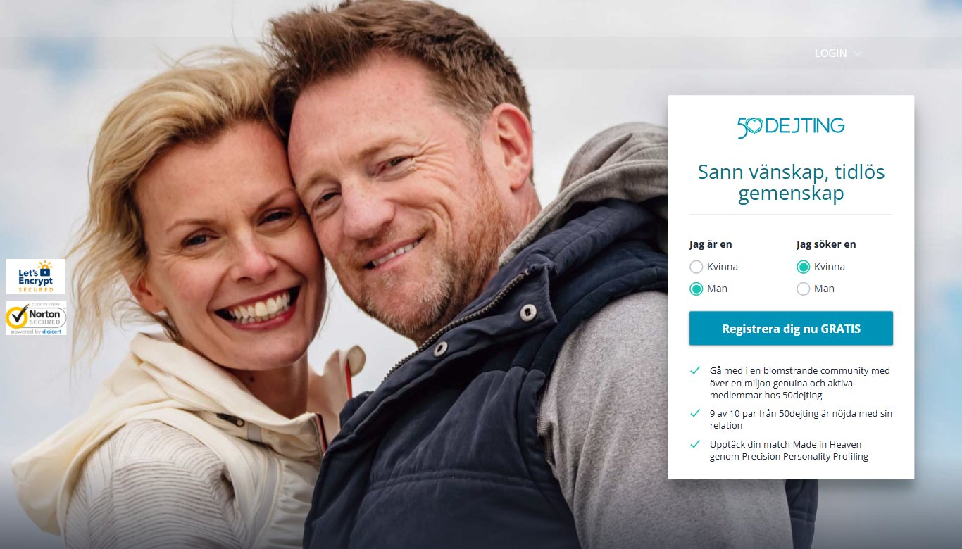 50dejtings startsida med sloganen Sann vänskap, tidlös gemenskap