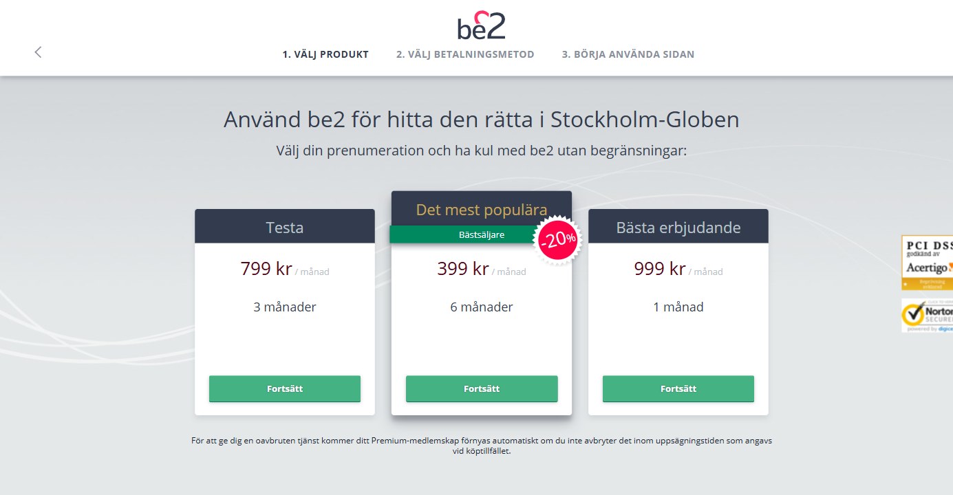 Be2 Premium-priser i Sverige på beställningssidan