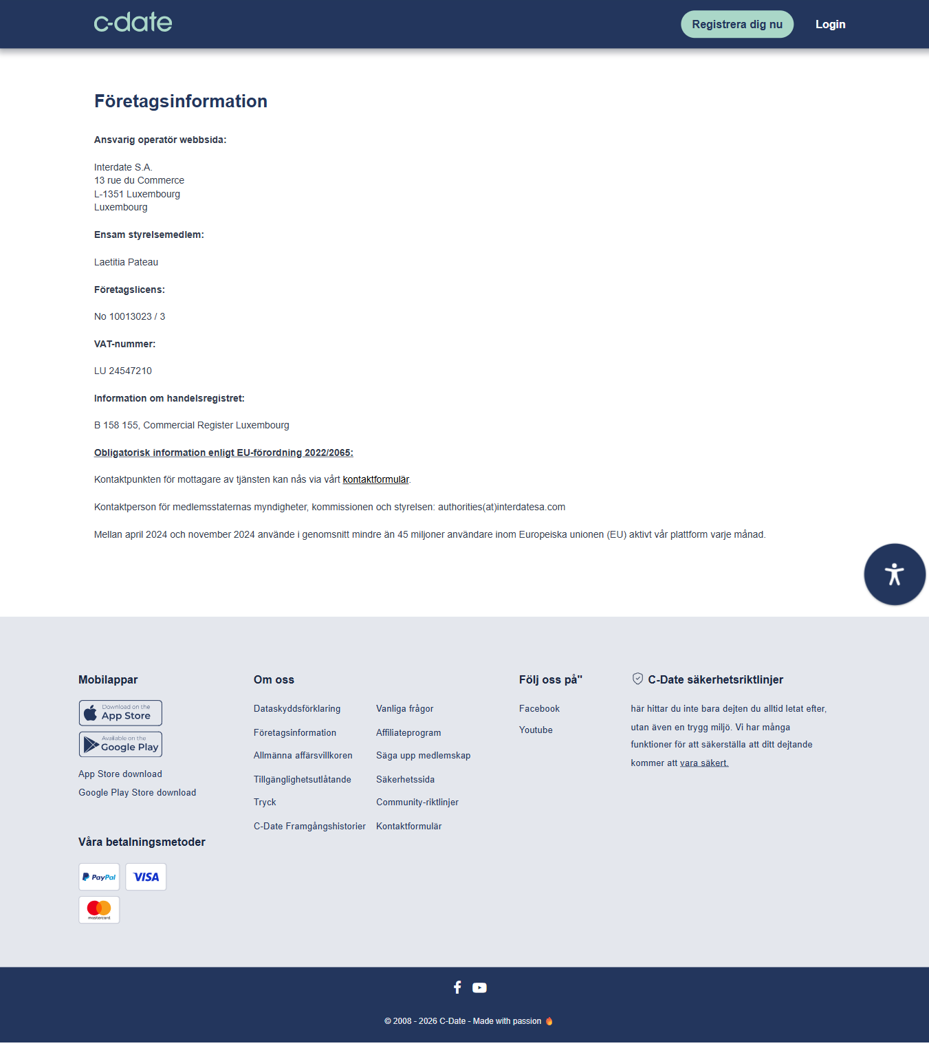 Företagsinformation på c-date.se med operatören Interdate S.A. i Luxemburg och länken Säga upp medlemskap i sidfoten