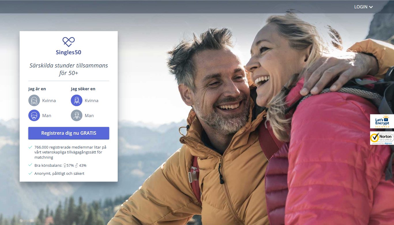 Singles50 startsida i Sverige: 766 000 registrerade medlemmar och könsbalans 57 % kvinnor, 43 % män