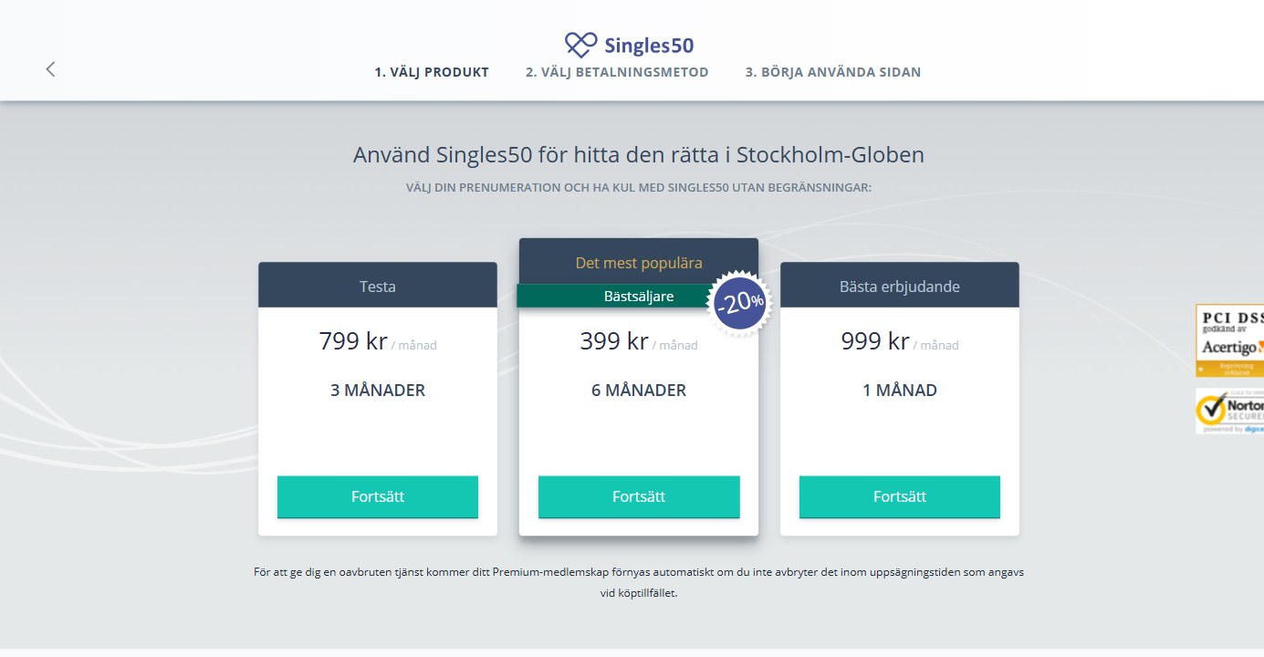Singles50 beställningssida i Sverige: Premium 3 månader 799 kr/mån, 6 månader 399 kr/mån, 1 månad 999 kr